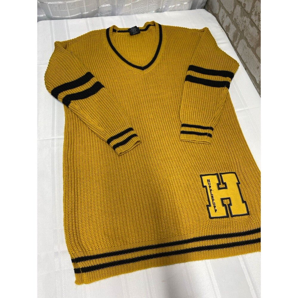 Harry Potter Hufflepuff Yellow Knit V‑Neck Sweater Black Stripes House Crest Med